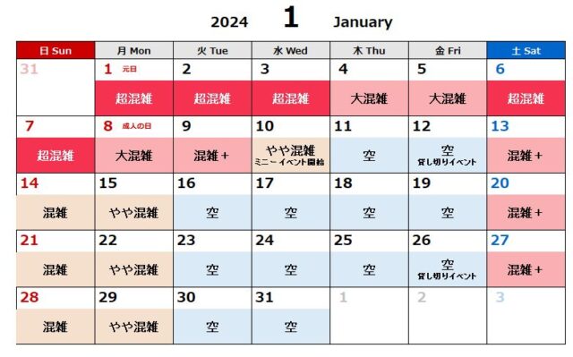 ディズニーランド2024年1月混雑カレンダー